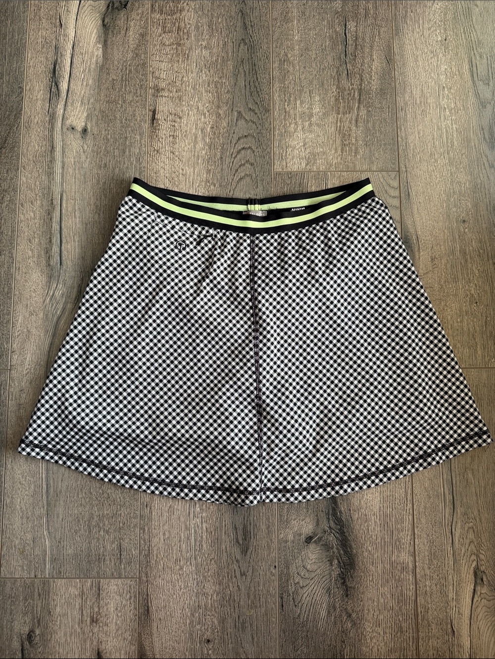 Talbots Black & White Gingham Skater Skirt with Lime-Accent Waistband
